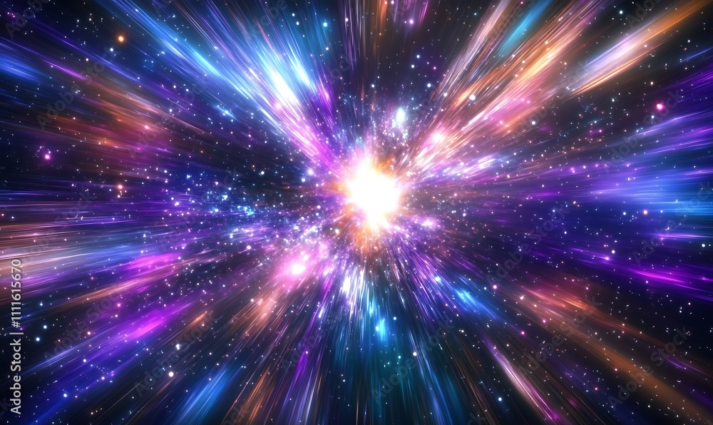 Poster explosion of vibrant colors and lights resembling a burst of energy in outer space, creating a dynam