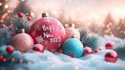 Festive New Year's Ornaments on Snowy Ground with "Happy New 2025" Message