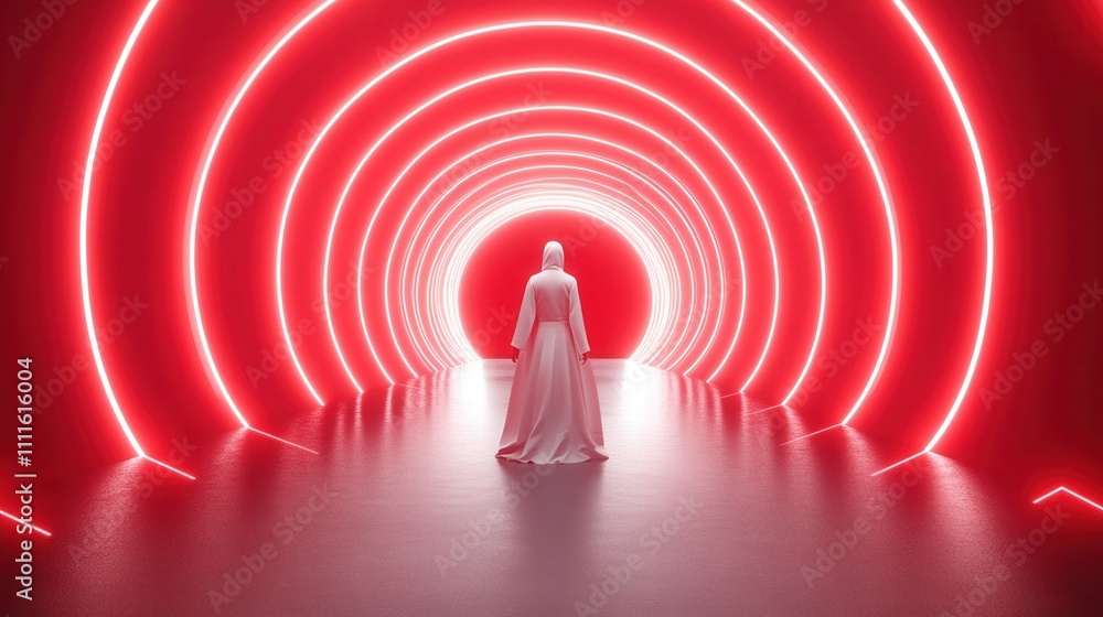 Poster a figure in a flowing gown stands in a futuristic red-lit tunnel, creating a striking contrast in a 