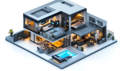 A modern, isometric depiction of a stylish house with a pool and contemporary furnishings.