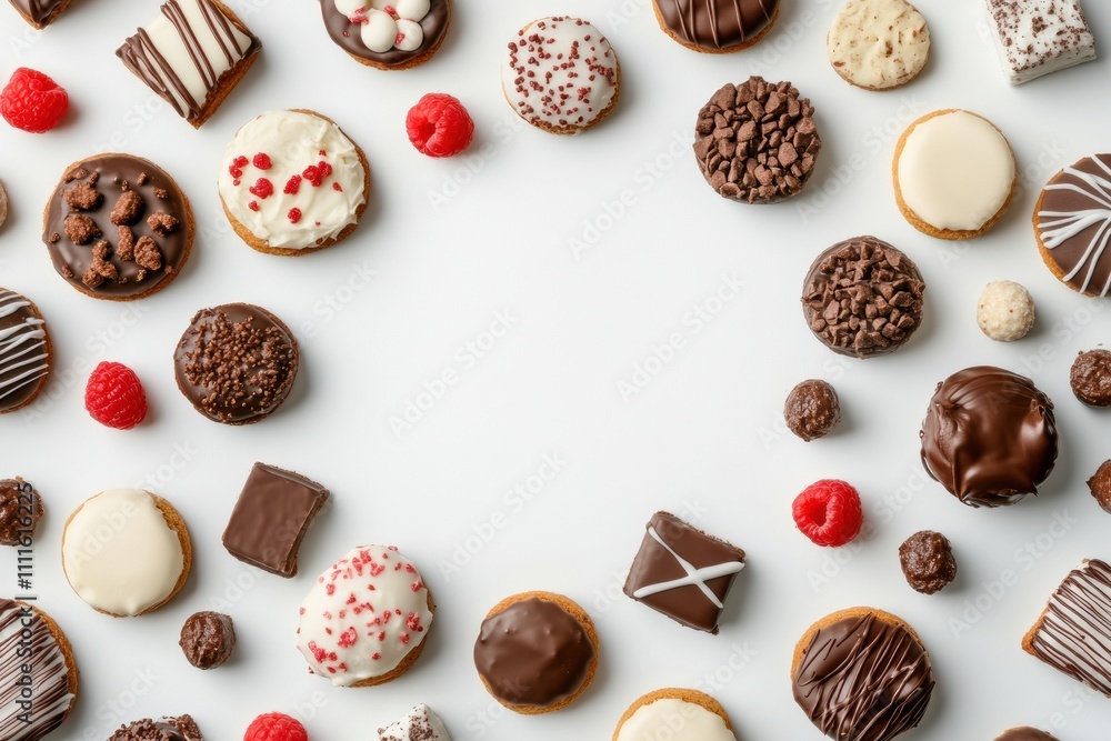 Poster An array of colorful sweets and cookies arranged neatly on a white surface, inviting creativity with ample space for custom text. Generative AI