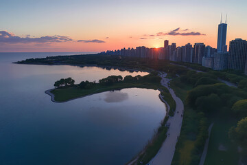 Fototapeta premium A city skyline with a large body of water in the background