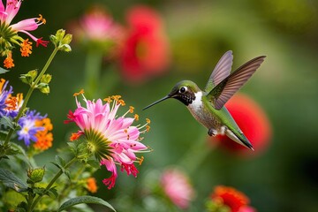 Fototapeta premium Enchanting Ruby-Throated Hummingbird Hovering Among Colorful Flowers in Natural Habitat