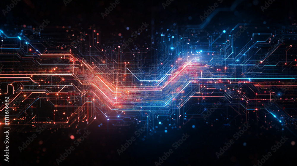 Poster digital flow: a mesmerizing abstract artwork depicting a network of glowing lines and nodes in vibra