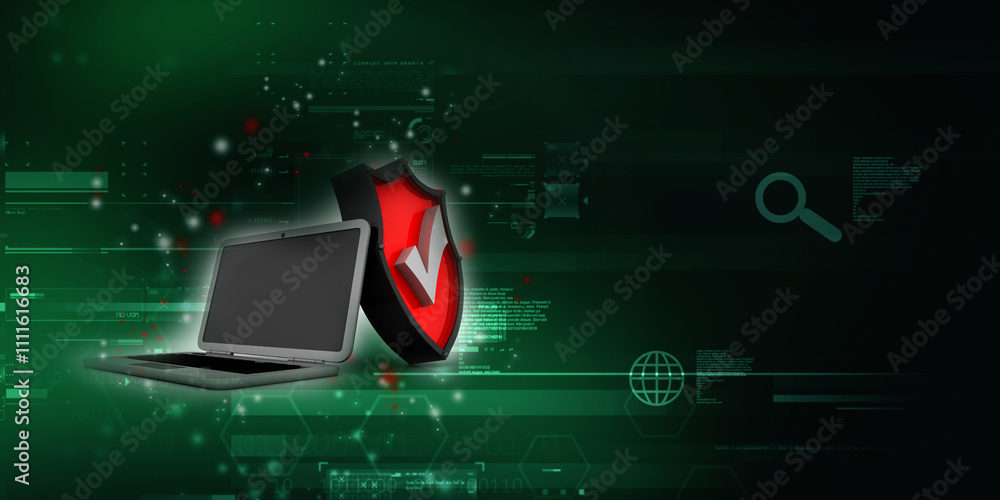 Poster 3d rendering laptop with shield