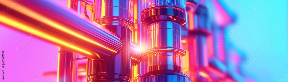 Poster a vibrant close-up of shiny metallic pipes illuminated with colorful neon lights, creating a futuris