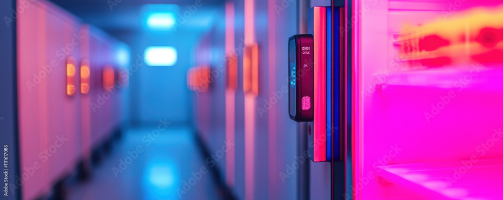 Poster high tech lab freezer corridor with vibrant lighting and temperature sensors. scene captures modern 