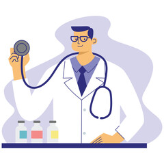 Fototapeta premium Male doctor with a stethoscope and medical bottles on a table, smiling confidently.