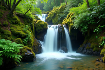 Obraz premium A serene waterfall cascades over moss covered rocks, creating a peaceful and tranquil scene