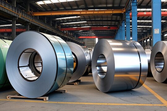 Cold Rolled Steel Coils and Stainless Steel Sheets Stored in Industrial Warehouse Area