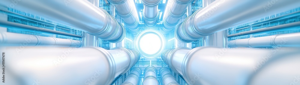 Poster a futuristic tunnel with white pipes converging towards a bright, glowing light, creating a surreal 