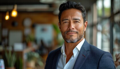 Fototapeta premium young professional Latin businessman, looking at the camera while holding a digital tablet