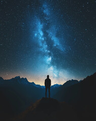 A man stands on a mountain top, looking up at the stars