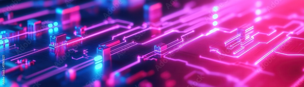 Poster a vibrant close-up of a circuit board, featuring illuminated pathways and nodes, showcasing a blend 