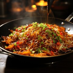Delicious stir-fried noodles with meat and vegetables in a wok.