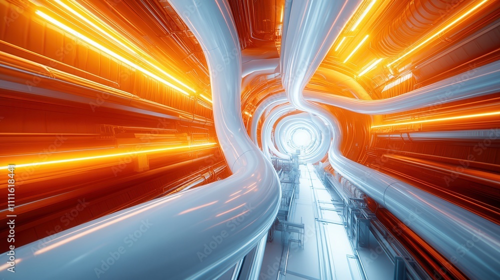 Poster a futuristic tunnel with vibrant orange and white lights, creating a sense of speed and motion towar