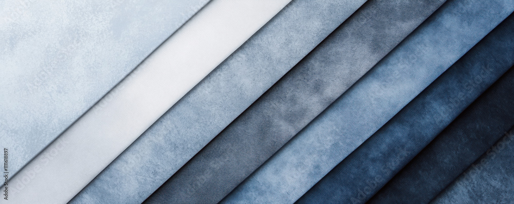 Poster soft fabric textures in gradient shades from pale grey to deep steel blue, creating calming and eleg