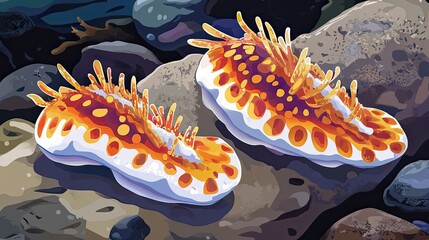 Two Orange And White Nudibranchs On Rocks