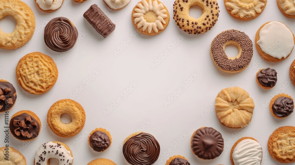 Poster A tempting array of colorful cookies and sweets is neatly arranged on a white surface, inviting dessert lovers to indulge. Generative AI