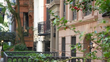 New York City townhouse building, Brooklyn Heights residential district, USA. Brownstone urban...