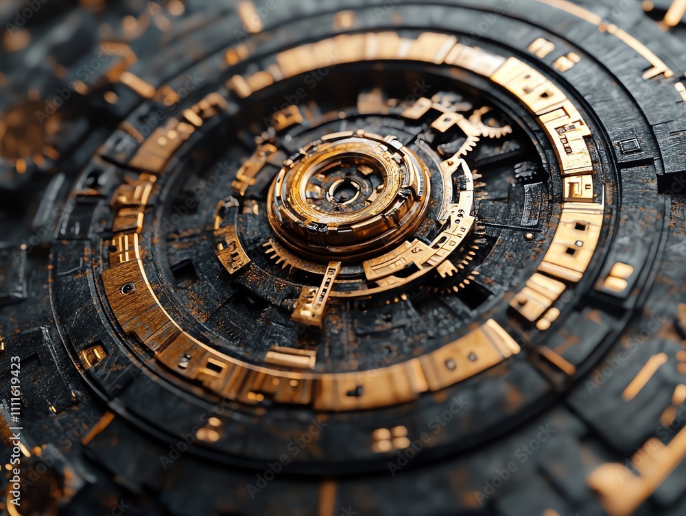 Poster close-up of a complex, circular, steampunk-style mechanism with intricate gears and metallic details