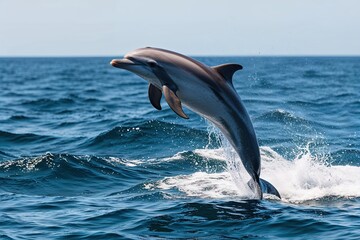 Fototapeta premium Joyful Dolphin Jumping in Shimmering Ocean Waves Supporting Wildlife Conservation