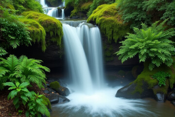 Fototapeta premium A serene waterfall cascades over moss covered rocks, creating a peaceful and tranquil scene