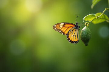 Obraz premium A beautiful orange butterfly with black stripes rests on a green leaf, basking in the warm sunlight.