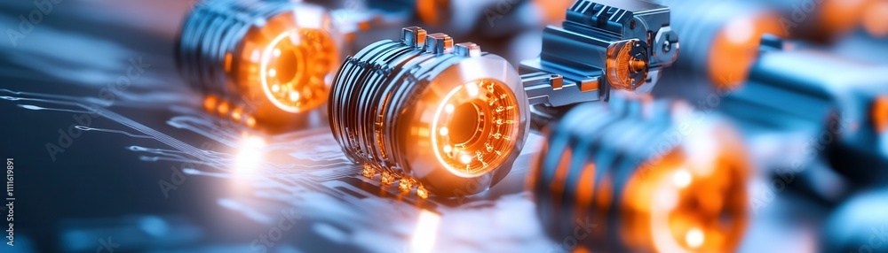 Poster the image showcases intricate electronic components with glowing elements, highlighting the details 