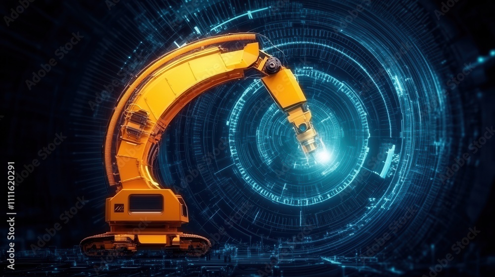 Poster a robotic arm in a high-tech environment, illuminated by digital patterns, symbolizes automation and