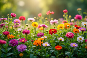 Fototapeta premium A vibrant field of colorful wildflowers bathed in warm sunlight, symbolizing the beauty and renewal of spring.