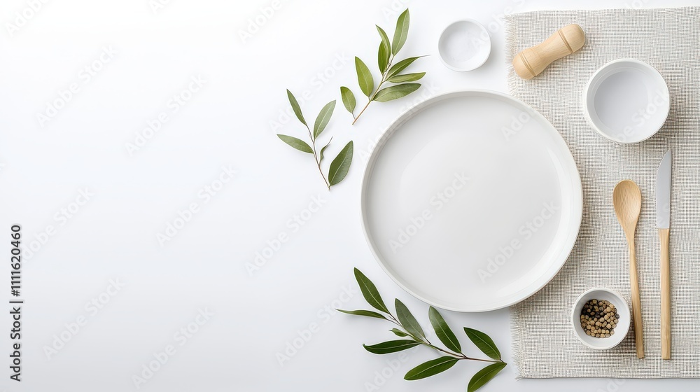 Poster a set of sleek ceramic plates laid out on a pristine white surface, accompanied by a sackcloth runne