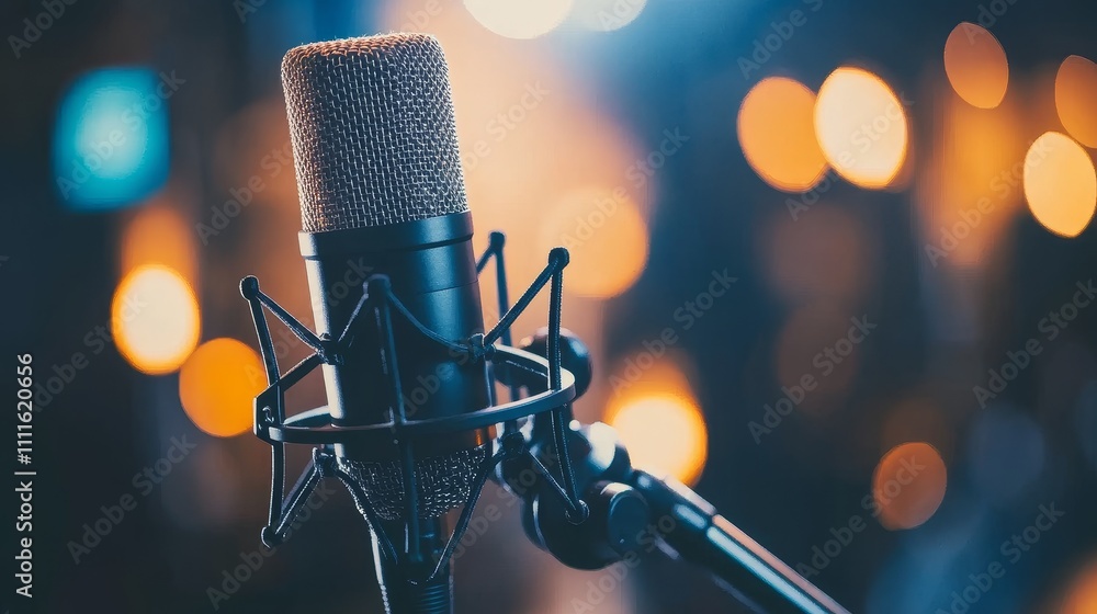 Poster close-up of a microphone with blurred lights in the background, suggesting a performance setting.