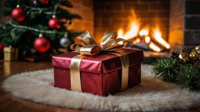 Red Christmas Gift In A White Rug In Front Of A Fireplace
