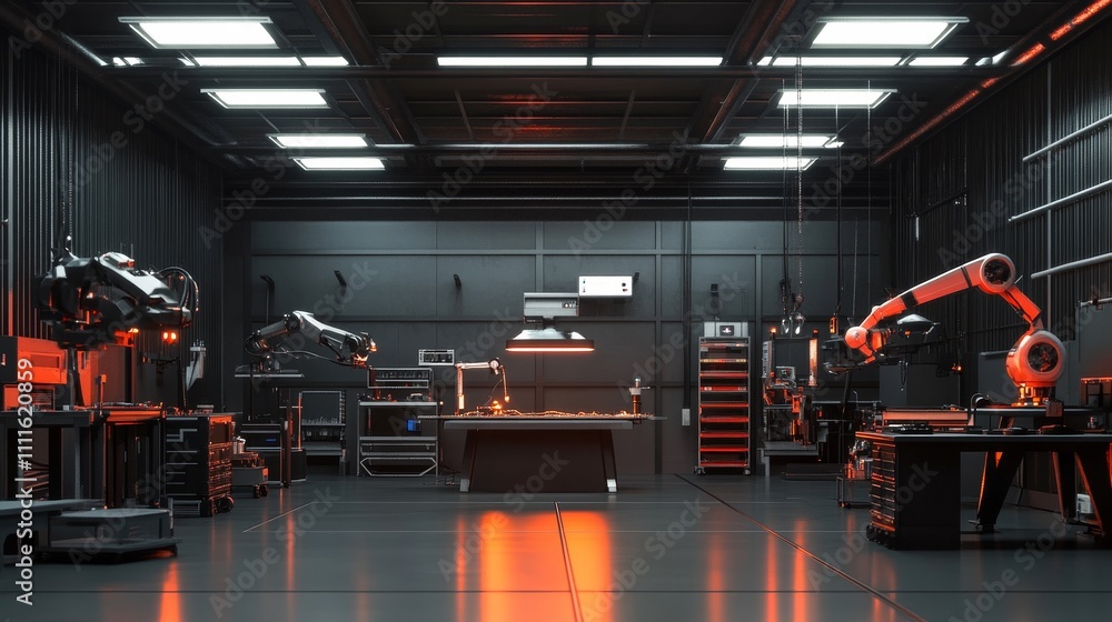 Poster a modern robotic lab featuring advanced machinery and workstations for technology development.