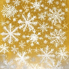 A festive pattern of white snowflakes on a gold background, evoking winter and holiday cheer.