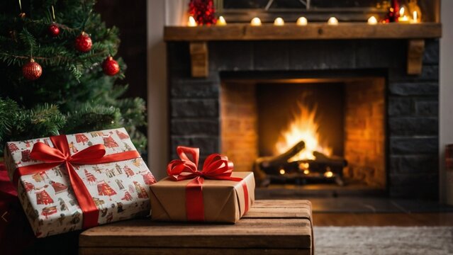 Christmas Present Boxes In Front Of A Fireplace