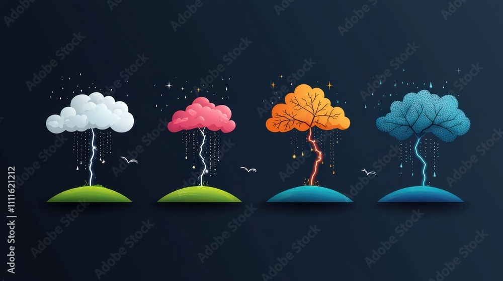 Poster a cartoon infographic comparing and contrasting the different types of lightning, such as cloud to c
