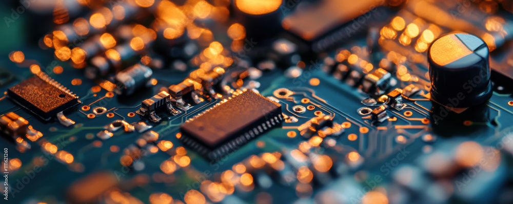 Poster high resolution close up of circuit board with electronic components, showcasing intricate details a