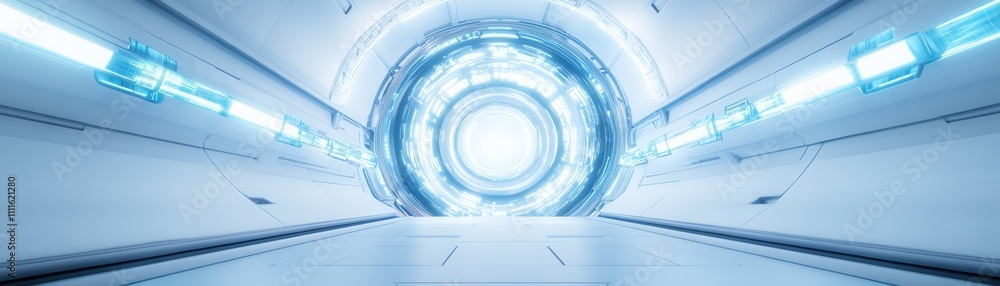 Poster a futuristic tunnel with a bright circular opening, illuminated by soft blue lighting, creating a se