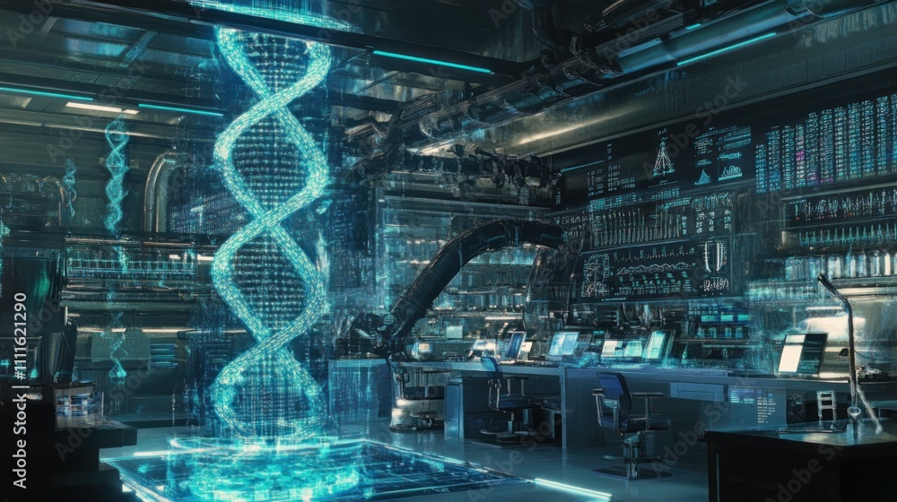 Poster futuristic lab with holographic dna structure display