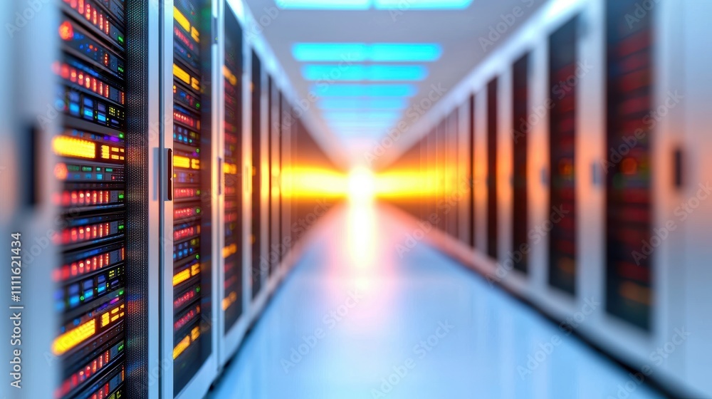 Poster a server room with rows of servers and network equipment, representing the physical infrastructure t