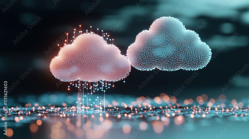 Poster an abstract image of data being uploaded and downloaded from the cloud, symbolized by arrows and glo
