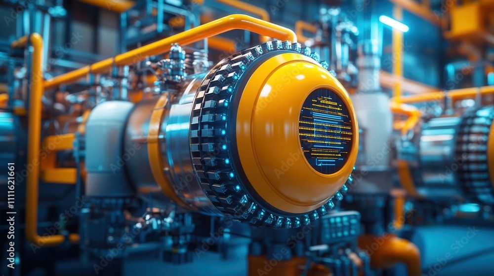 Poster a close-up view of a complex industrial machine with bright orange and metallic components, showcasi