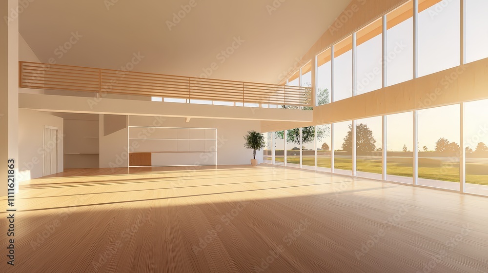 Poster camera transition through a modern barn house with a mezzanine and floor-to-ceiling windows, featuri