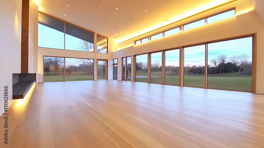 Poster camera transition through a modern barn house with a mezzanine and floor-to-ceiling windows, featuri