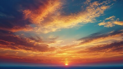 Fototapeta premium Fantasy vibrant panoramic sunset sky - Gradient rich colors - ethereal dreamy summer sunset or sunrise sky. Uplifting and peaceful sky. - blue, orange, yellow vibrant rich colors, 4k image