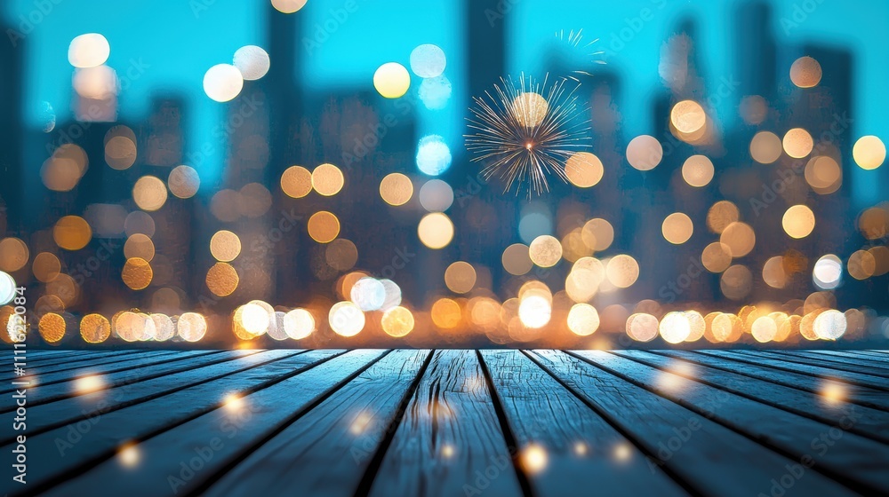 Aufkleber a view of a city skyline at night with fireworks exploding in the distance, with a bokeh effect from