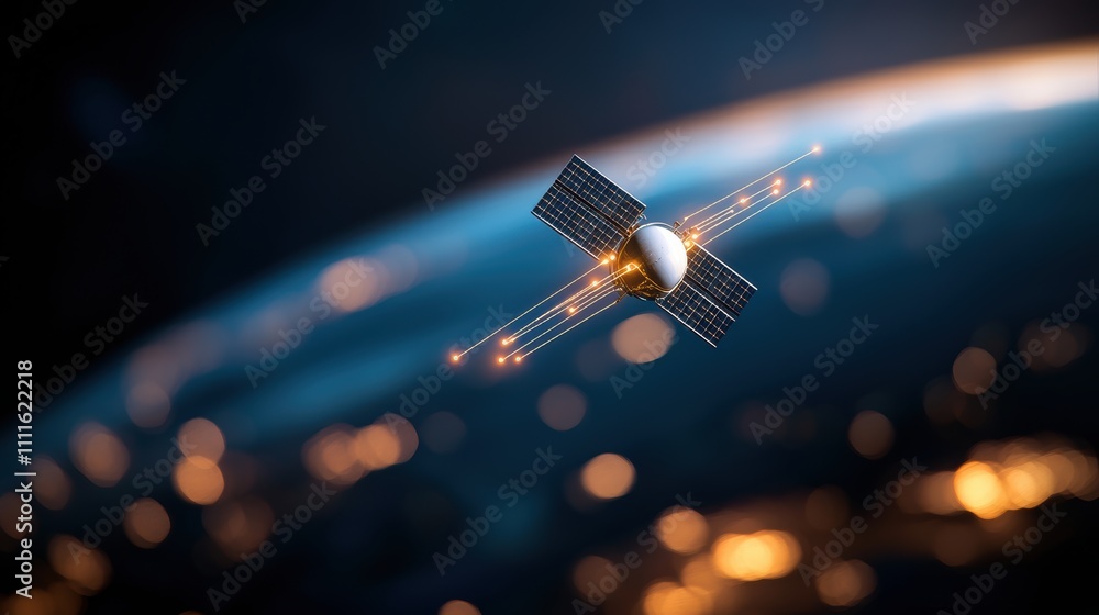 Poster a satellite orbiting earth with beams of light connecting different continents, symbolizing global c