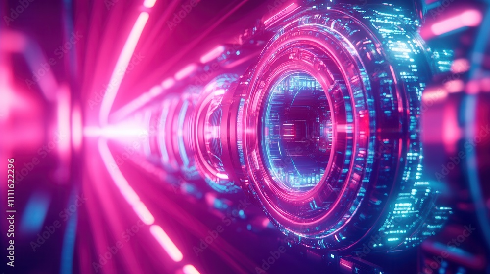 Poster a vibrant, futuristic tunnel with glowing pink and blue circular patterns, creating a sense of depth